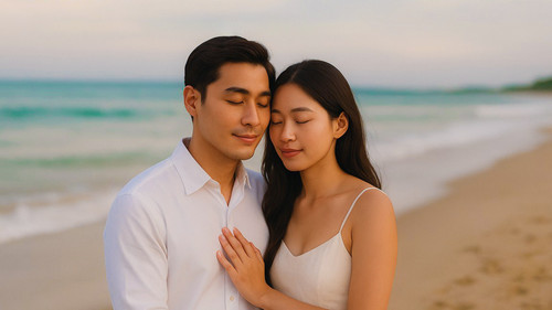Tôi muốn ảnh nhân vật nam nữ trông giống người thật, bối cảnh bãi biển, cảm giác lãng mạn. Nam đẹp t.jpg