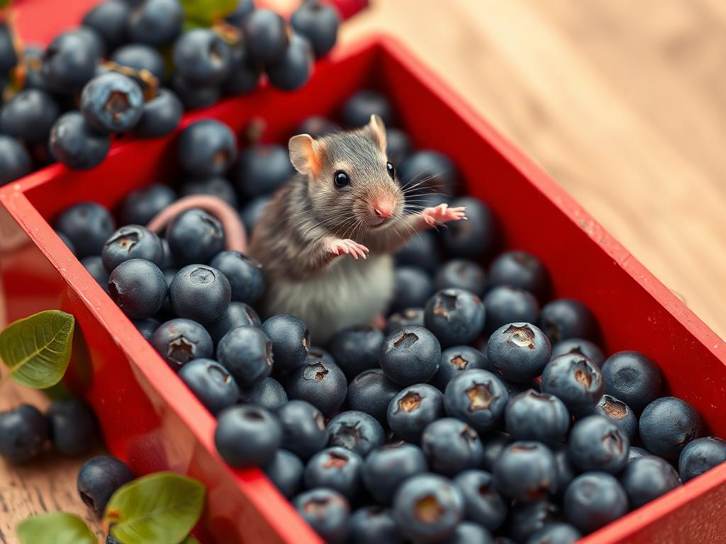 A red box of blue berries with a rat dancing inside