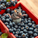 www.naked-ai.art - A red box of blue berries with a rat dancing inside