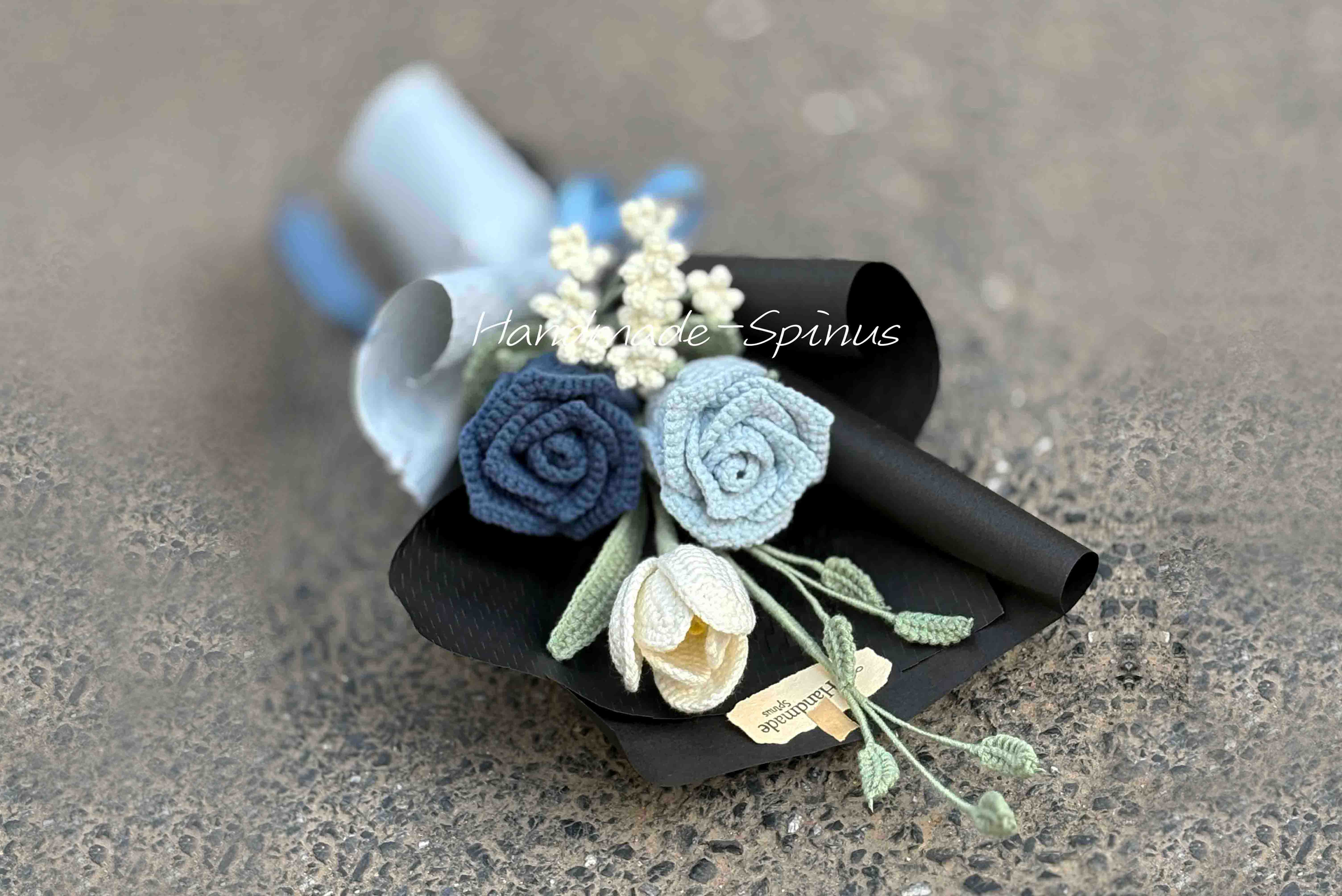 Blue rose, white tulip, white baby's breath, Deep-Sea Whispers Crochet Knit Bouquet by Handmade-Spinus