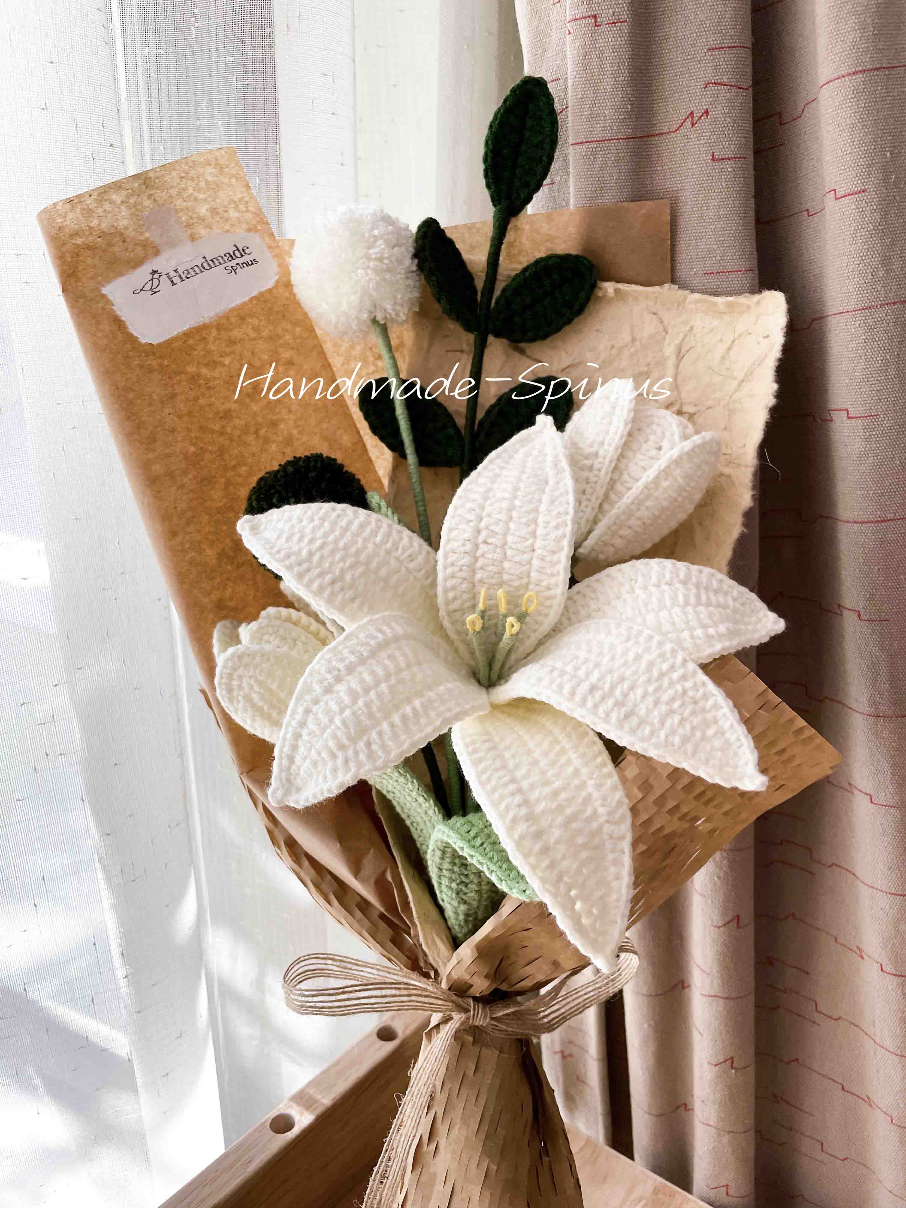 White lily, green, white fur ball, green evergreen leaves, White Lily Tulip Crochet Knit Bouquet by Handmade-Spinus