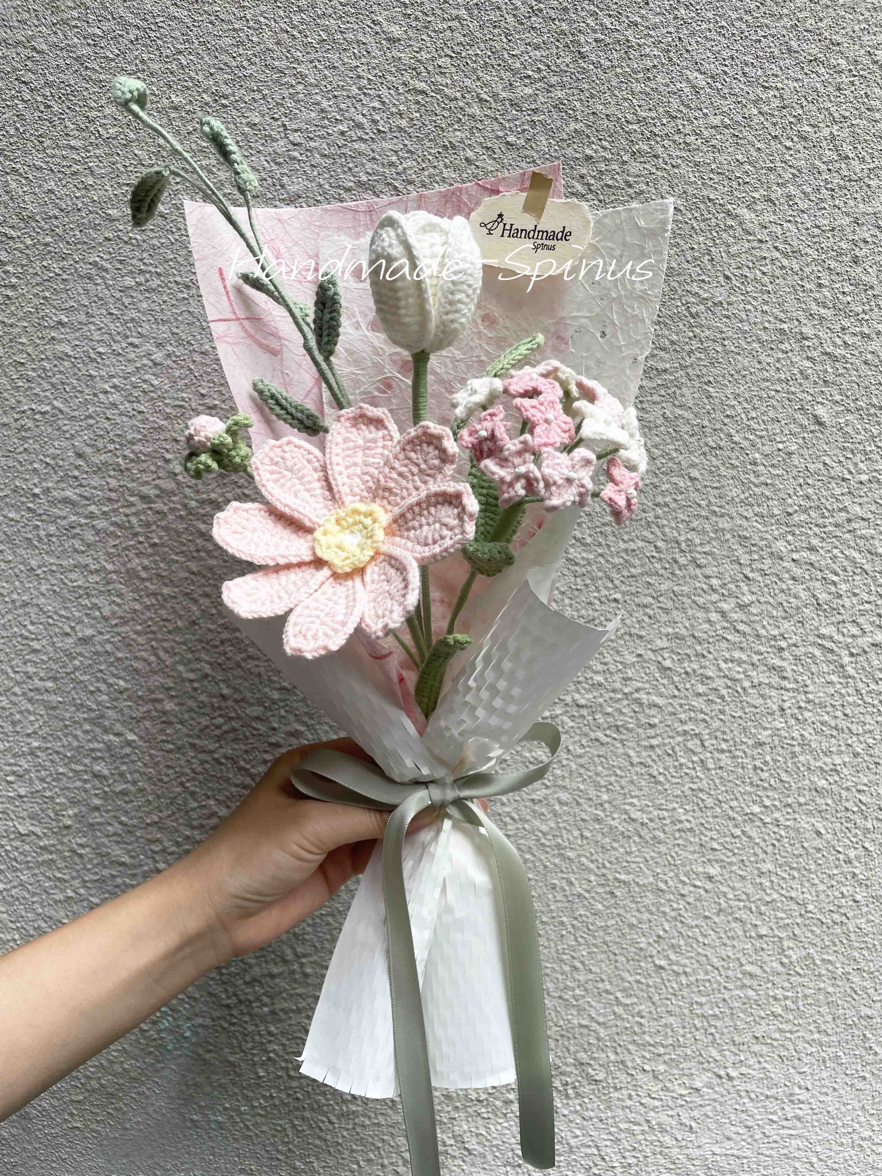 Pink Galsang flowers, pink hydrangeas, white tulips, green small grasses, Floral Imprint Crochet Knit Bouquet by Handmade-Spinus