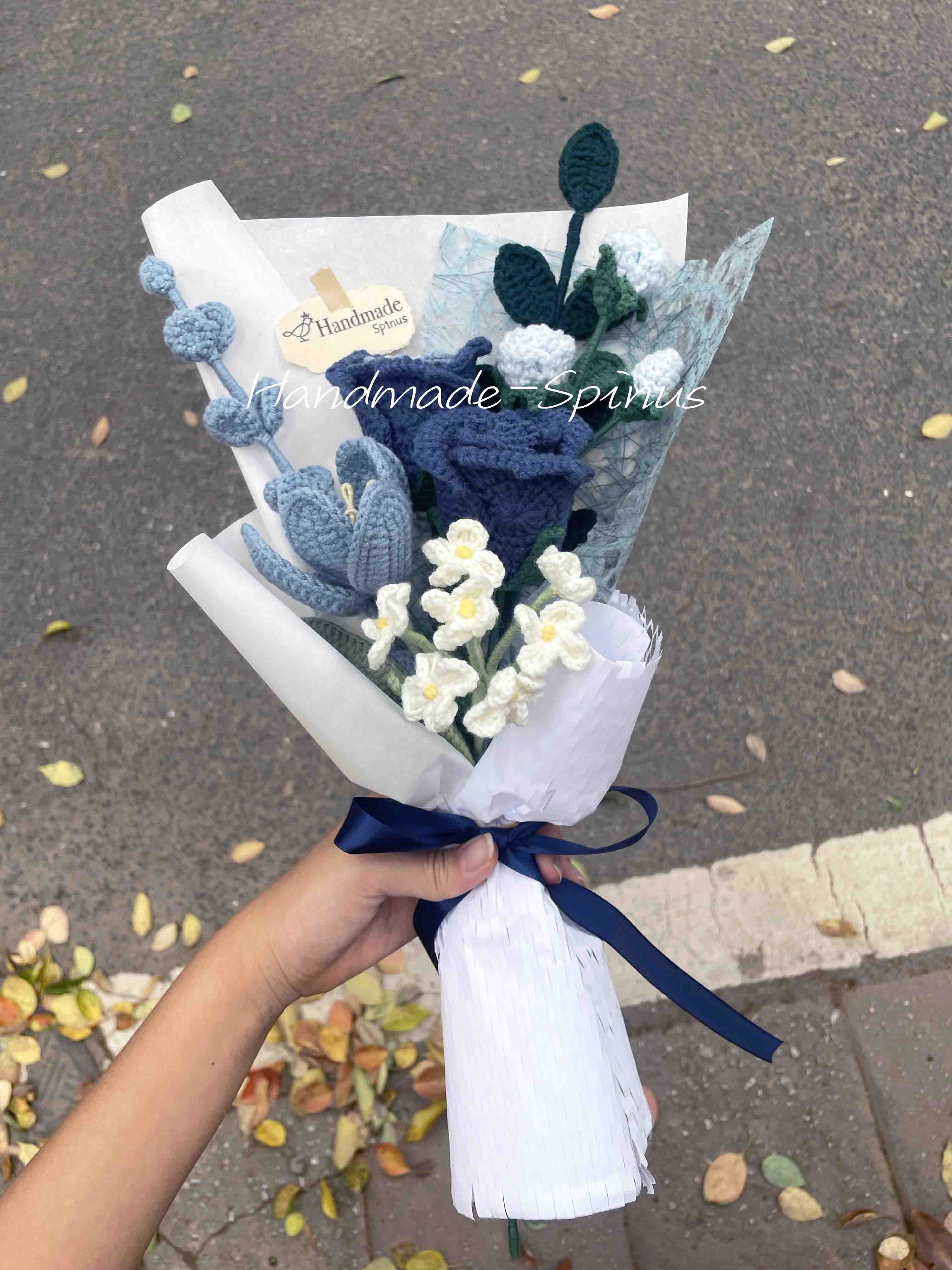 Blue rose, blue tulip, white forget-me-not, blue eucalyptus, Heart Of Ice Crochet Knit Bouquet by Handmade-Spinus