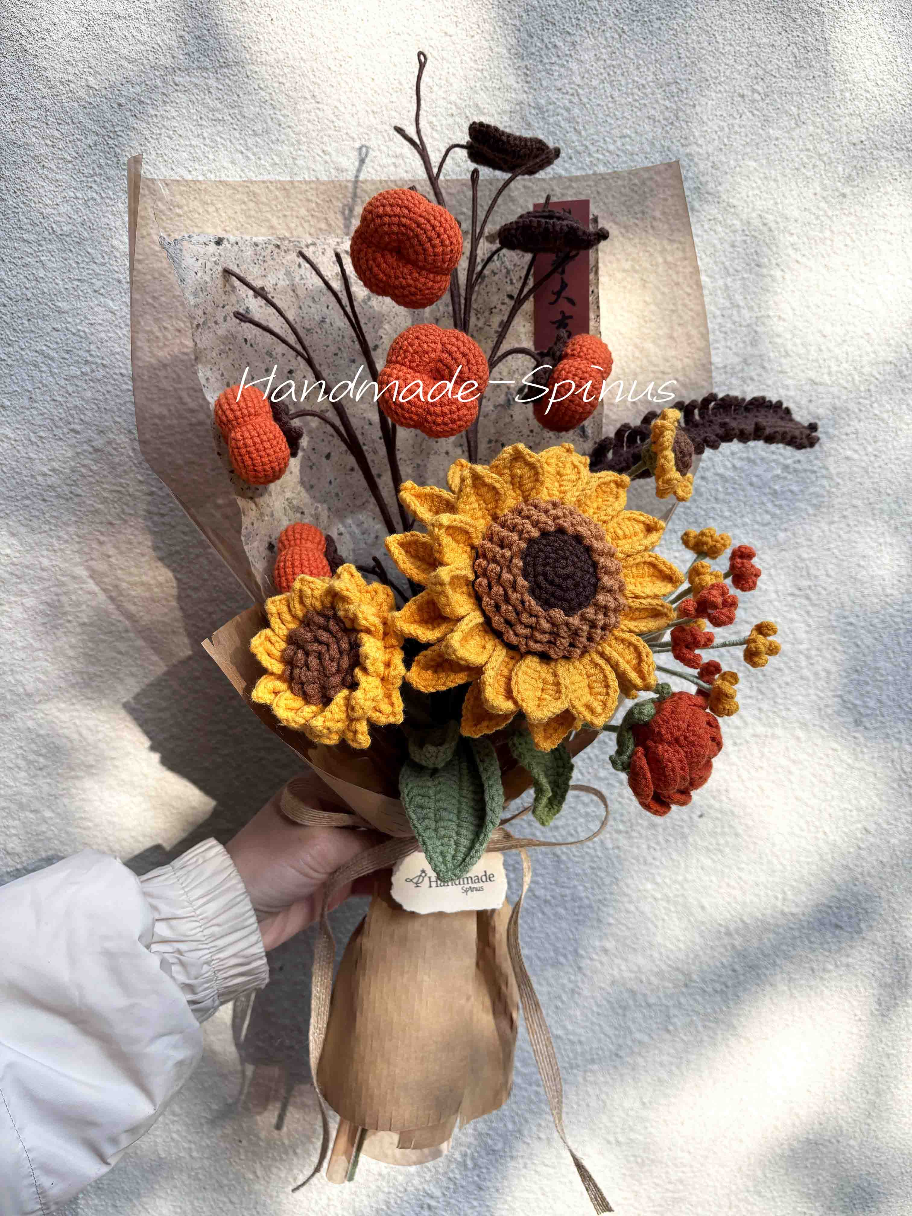Golden sunflowers, orange persimmons, coffee-colored fern leaves, yellow-apricot starflowers, Sunshine Persimmon Rhythm Crochet Knit Bouquet by Handmade-Spinus