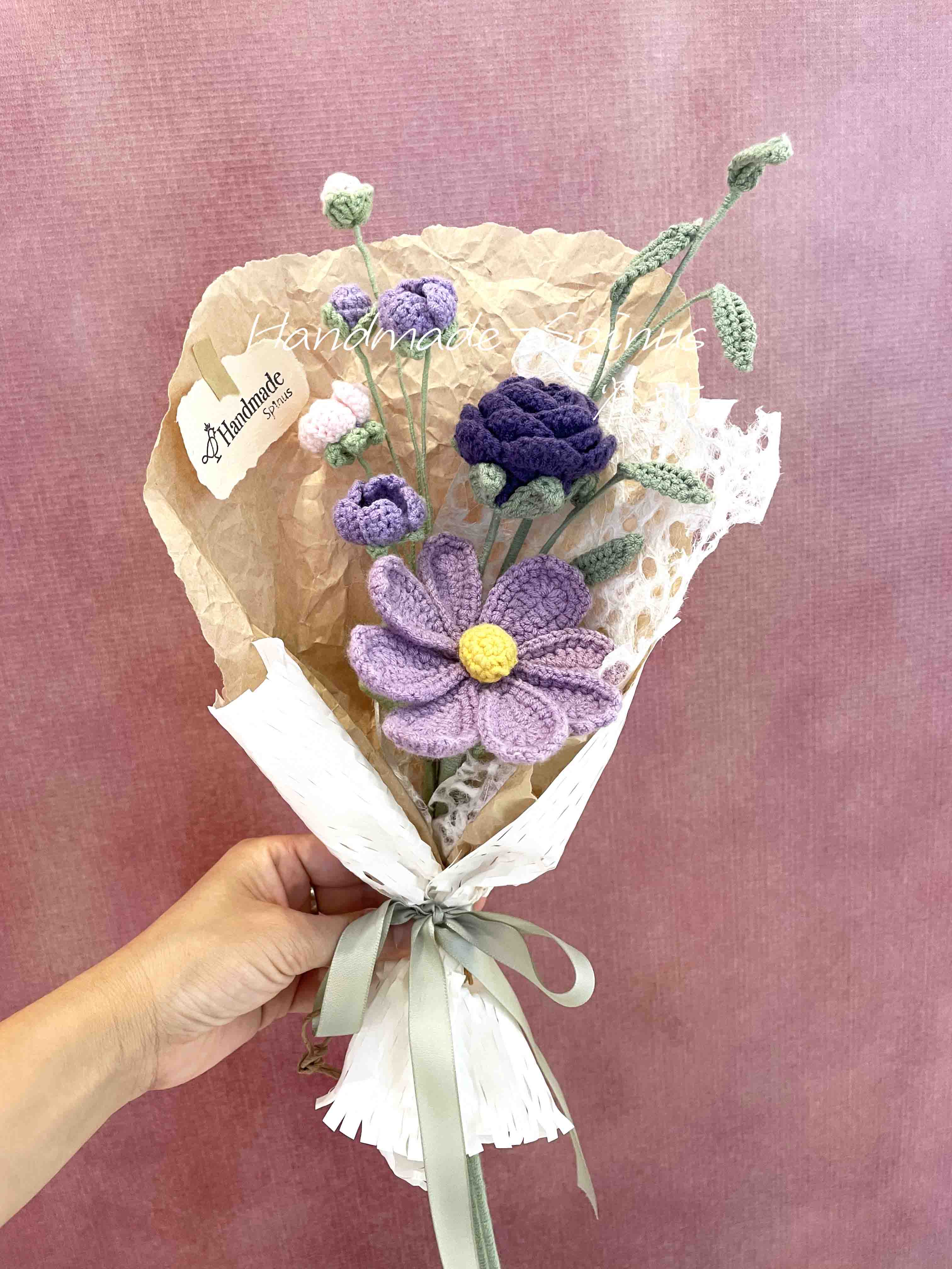 Purple Galsang flowers, purple roses, purple groundsel, green little wish grass, Purple Heart Whisper Crochet Knit Bouquet by Handmade-Spinus