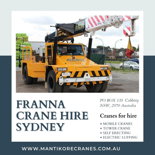 If you are located in Sydney and want to Franna crane hire Sydney for your construction sites? Mantikore Cranes provides best crane services. We assure that you will receive the best crane trucks in Sydney.  We are committed to completing all projects safely, efficiently, on budget and on-time. We also provide buyback options once your crane has completed your project. We have more than 29 years of experience working in the crane hire industries in Australia. We assure you that you will receive the best crane hire services.  We are providing Tower Cranes, Mobile Cranes, Self-Erecting Cranes, and Electric Luffing Cranes. Our professionals will provide you the effective solutions and reliable services that can help you to solve technical problems that might occur sometimes. To know more about our services, you may visit on the website. Contact us at 1300626845.
•	Website: https://mantikorecranes.com.au/

•	Address:  PO BOX 135 Cobbitty NSW, 2570 Australia
•	Email:  info@mantikorecranes.com.au 
•	Opening Hours:  Monday to Friday from 7 am to 7 pm