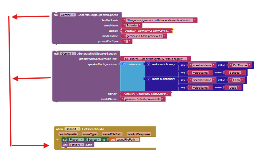 App Inventor blocks showing how to play audio using the Player component after GotSpeechAudio event.
