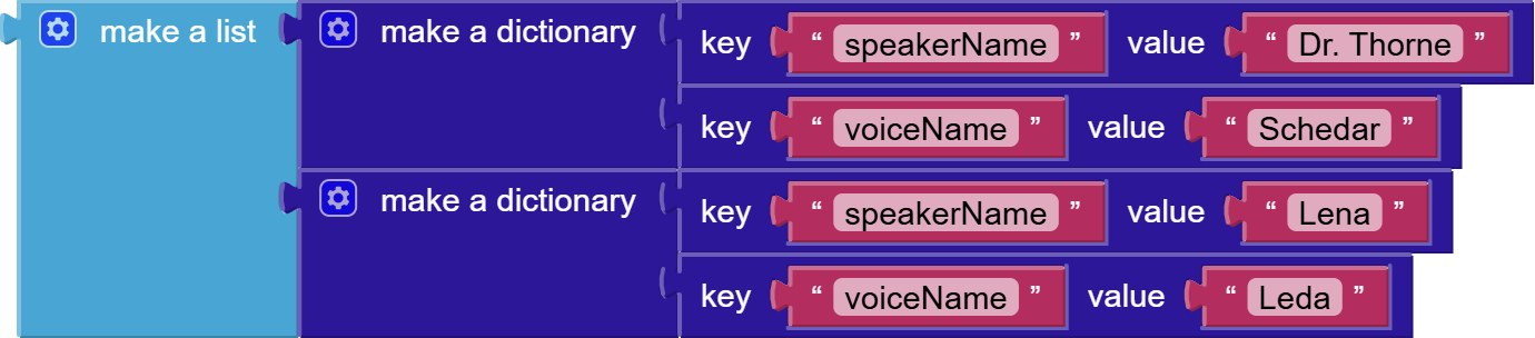 App Inventor blocks showing how to create the speakerConfigurations list of dictionaries.