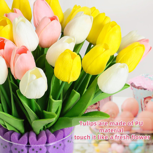 Easter Decorations Easter Little Bunnies Decor 15 pcs Artificial Tulips with 48 pcs Bunnies Vase Fil.jpg