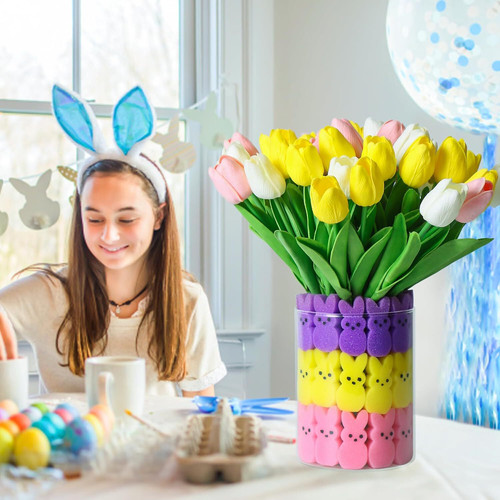 Easter Decorations Easter Little Bunnies Decor 15 pcs Artificial Tulips with 48 pcs Bunnies Vase Fil.jpg