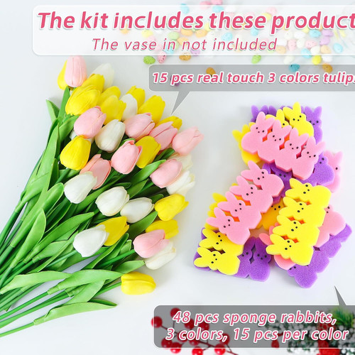 Easter Decorations Easter Little Bunnies Decor 15 pcs Artificial Tulips with 48 pcs Bunnies Vase Fil.jpg