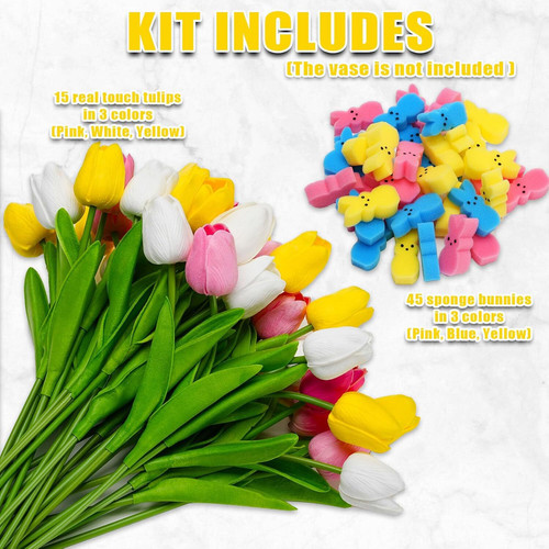 Easter Bunny Table Decorations Easter Peeps Decor Artificial Tulips with Bunnies Vase Filler Set, Ra.jpg