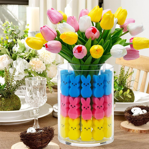 Easter Bunny Table Decorations Easter Peeps Decor Artificial Tulips with Bunnies Vase Filler Set, Ra.jpg