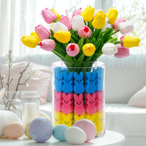 Easter Bunny Table Decorations Easter Peeps Decor Artificial Tulips with Bunnies Vase Filler Set, Ra.jpg