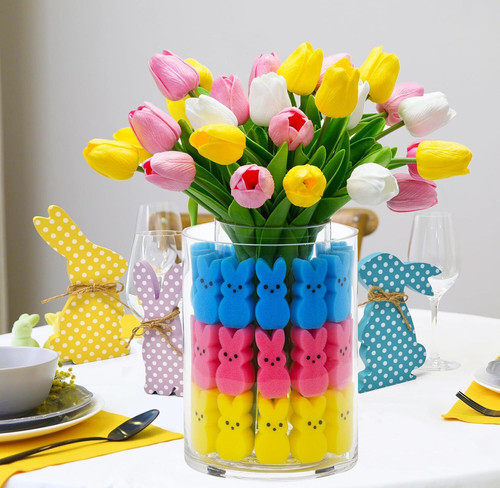 Easter Bunny Table Decorations Easter Peeps Decor Artificial Tulips with Bunnies Vase Filler Set, Ra.jpg