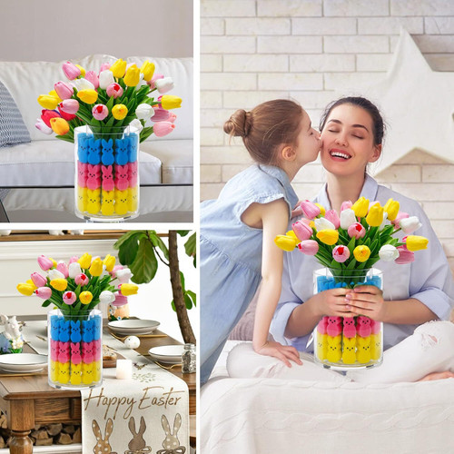 Easter Bunny Table Decorations Easter Peeps Decor Artificial Tulips with Bunnies Vase Filler Set, Ra.jpg