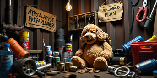 A plush labradoodle with absurdly large spherical belly usually sitting like a teddy bear is depicte.jpg