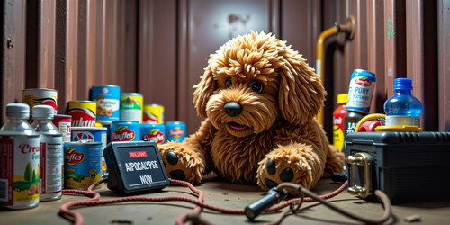 A plush labradoodle with absurdly large spherical belly usually sitting like a teddy bear is portray.jpg