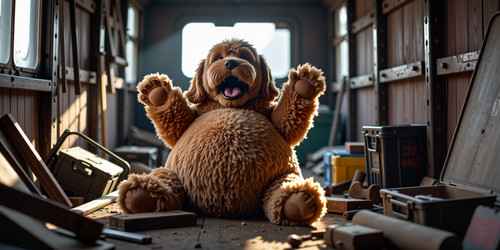 A plush labradoodle with absurdly large spherical belly usually sitting like a teddy bear is being t.jpg