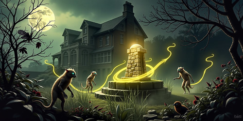  An eerie and mysterious scene set in a moonlit garden adjacent to an old creaking house on a hill T.jpg