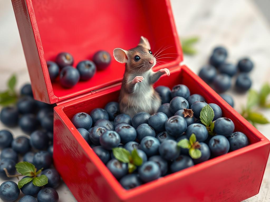 A red box of blue berries with a rat dancing inside