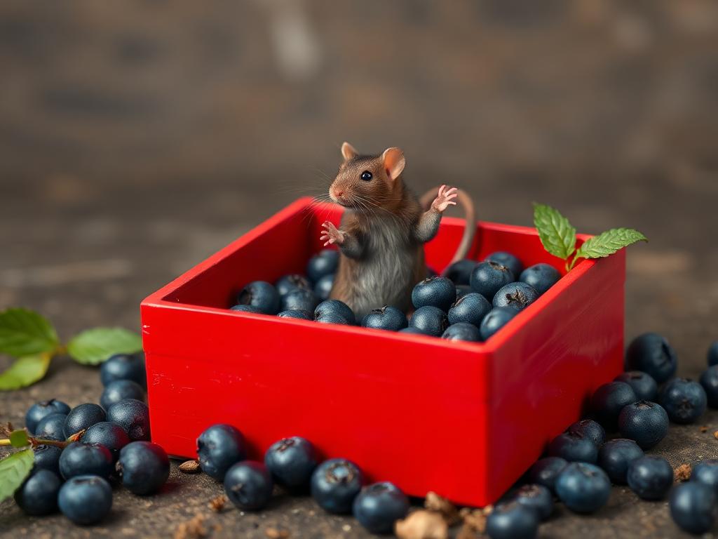 A red box of blue berries with a rat dancing inside