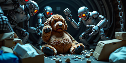 A chilling scene depicts a plush labradoodle with absurdly large spherical belly usually sitting lik.jpg