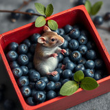 www.naked-ai.art - A red box of blue berries with a rat dancing inside
