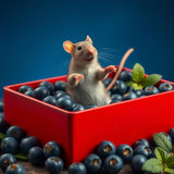 www.naked-ai.art - A red box of blue berries with a rat dancing inside