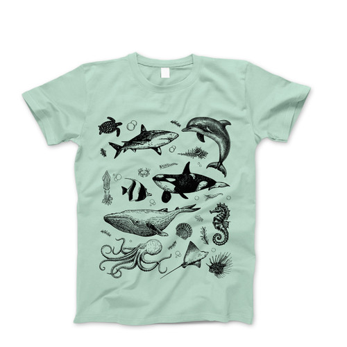 Photograph of four blank t-shirts greys beige and army green. Clipping path included. Ready for your.jpg