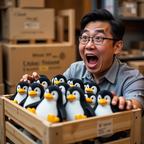 an asian guy with unusually large and round face getting excited opening a wooden crate of 1000 Tux .jpg