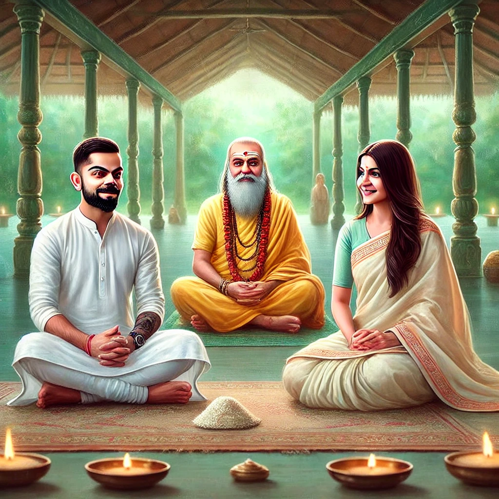 विराट कोहली और अनुष्का शर्मा पहुंचे प्रेमानंद महाराज जी के दरबार में – टेस्ट क्रिकेट से संन्यास के बाद पहली सार्वजनिक उपस्थिति 2 चित्र DALL·E (OpenAI का इमेज जनरेशन मॉडल) द्वारा तैयार किया गया है। यह एक आर्टिस्टिक डिजिटल इलस्ट्रेशन है जो विराट कोहली और अनुष्का शर्मा की आध्यात्मिक यात्रा को दर्शाता है, जिसमें वे प्रेमानंद महाराज जी के दरबार में शांति और श्रद्धा के साथ बैठे हैं।