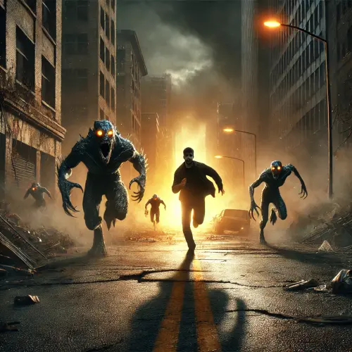 DALL·E 2025 03 25 17.14.02 A lone human figure running forward in terror on a cracked asphalt road i.webp