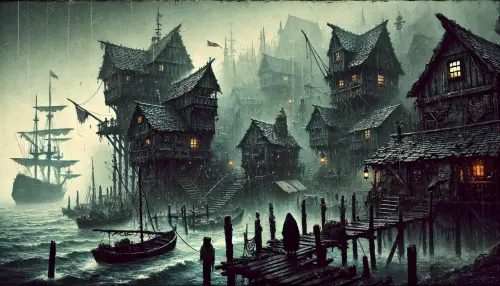 DALL·E 2025 03 26 10.47.23 A dark, foggy port town named Vetch Hollow, built on wooden stilts over a.webp