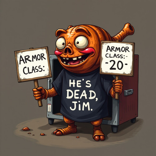 A rotisserie oven wearing a t shirt that says He s Dead Jim while holding a sign that reads Armor Cl.jpg