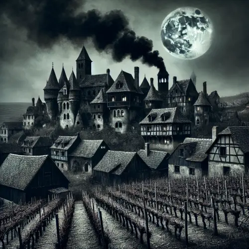 DALL·E 2025 03 26 02.18.08 A dark and dramatic medieval village under a dim full moon. Black smoke r.webp