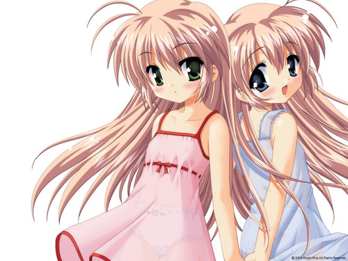 Konachan.com 3858 2girls blue eyes blush brown hair dress green eyes loli long hair mizuki saori rib.jpg