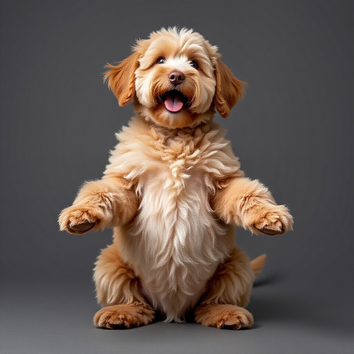labradoodle with absurdly large and bouncy belly who often sits like a teddy bear attempting to fly .jpg