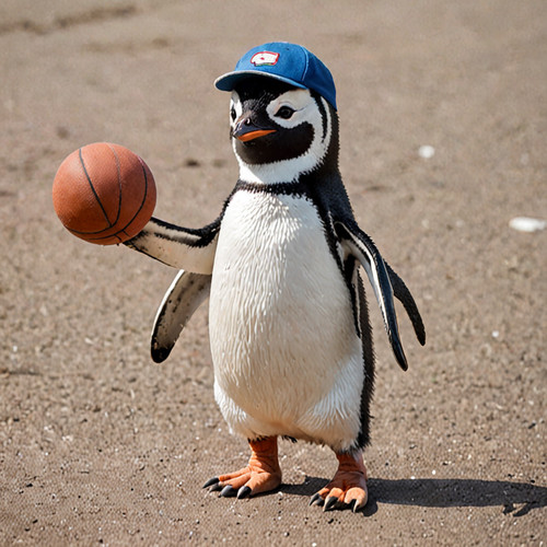 A penguin playing basketball wearing a tiny jersey and a baseball cap .jpg