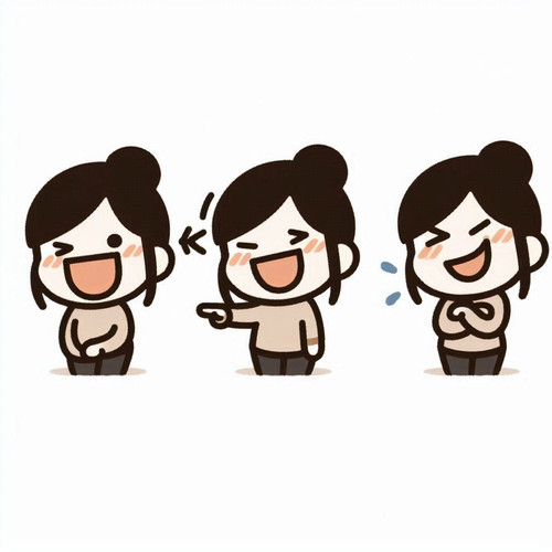 a funny, simple female human character laughing in minimal and flat design, with three or four seque.jpg