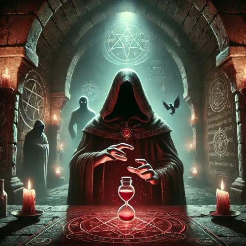 DALL·E 2025 03 26 19.27.11 A dark fantasy illustration of an ancient ritual involving blood magic. A.webp