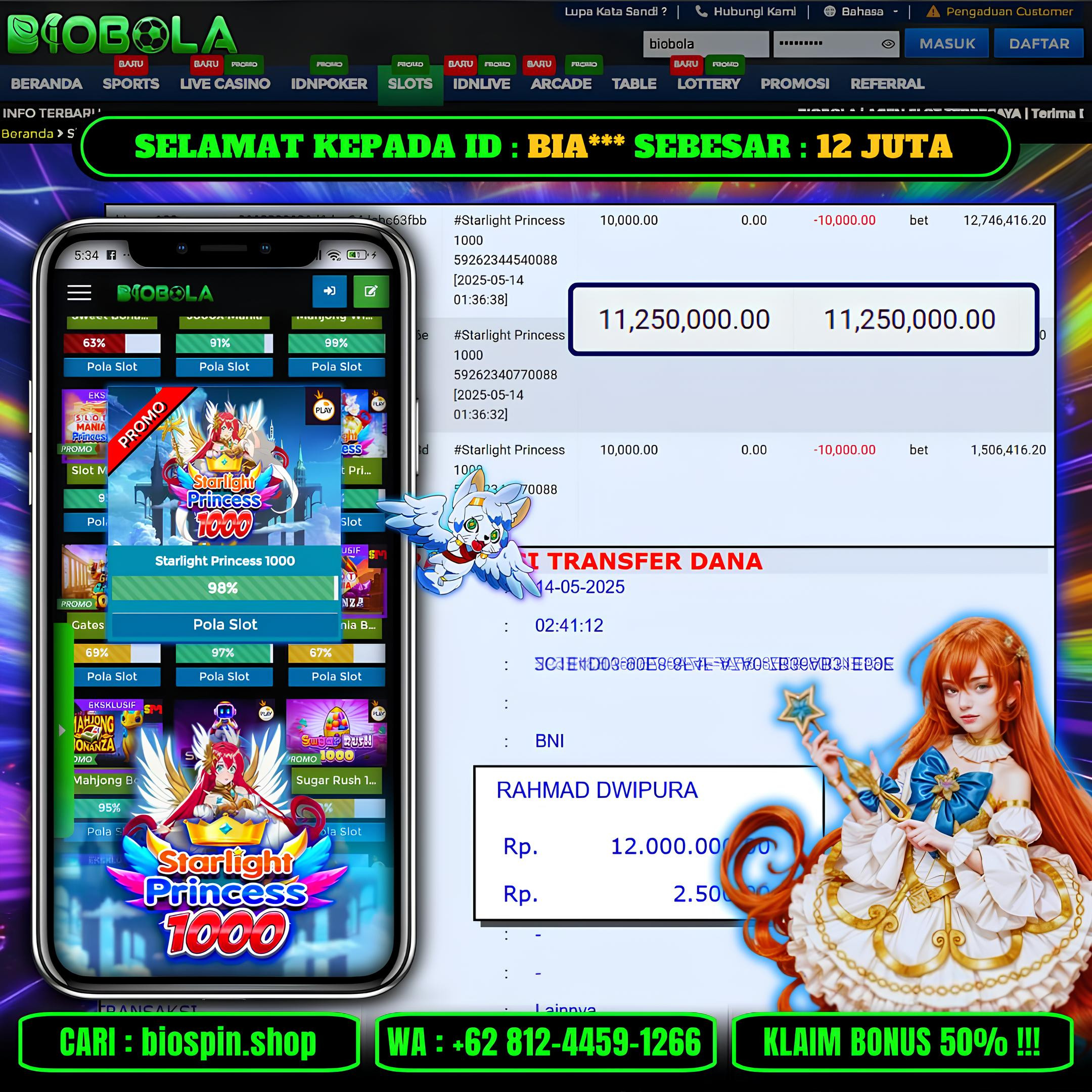 BIOBOLA  - JACKPOT DI GAME SLOT STARLIGHT PRINCESS  1000  SEBESAR RP 12JT DIBAYAR LUNAS