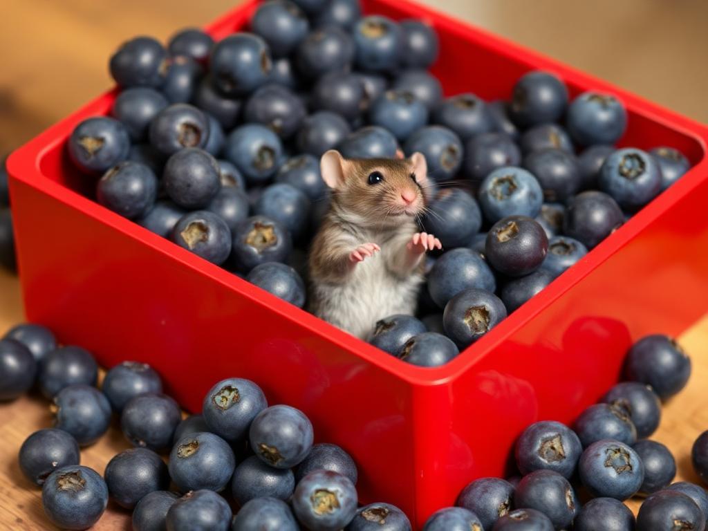 A red box of blue berries with a rat dancing inside