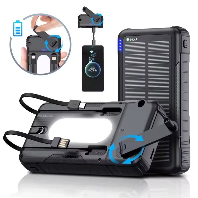 Batería solar con cargador de manivela extraíble, linterna LED y cables integrados por 26,39€ ¡¡52% de descuento!!