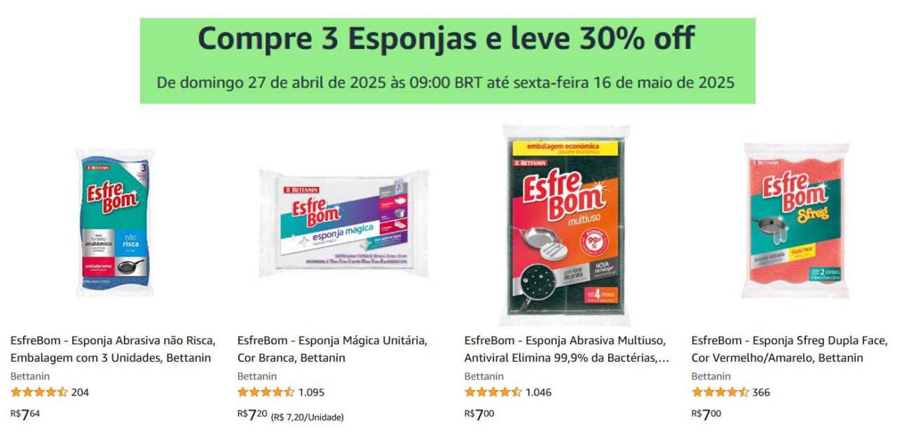 Compre 3 Esponjas e leve 30% off na Amazon