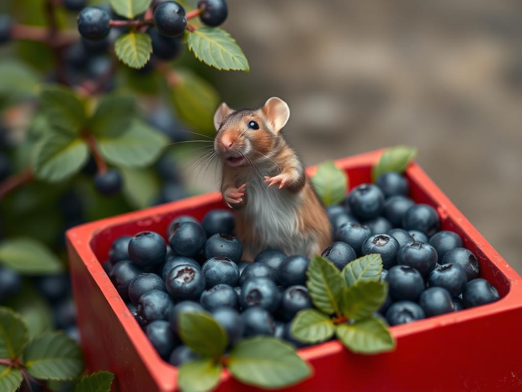 A red box of blue berries with a rat dancing inside