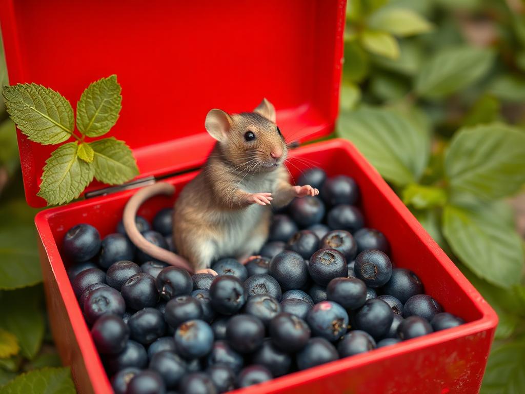 A red box of blue berries with a rat dancing inside