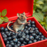 www.naked-ai.art - A red box of blue berries with a rat dancing inside