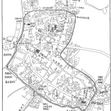 鳳山新城城內配置考證圖。（圖引自《鳳山縣舊城調查研究》，17頁，李乾朗繪）圓圈點處為鳳儀書院與試院位置