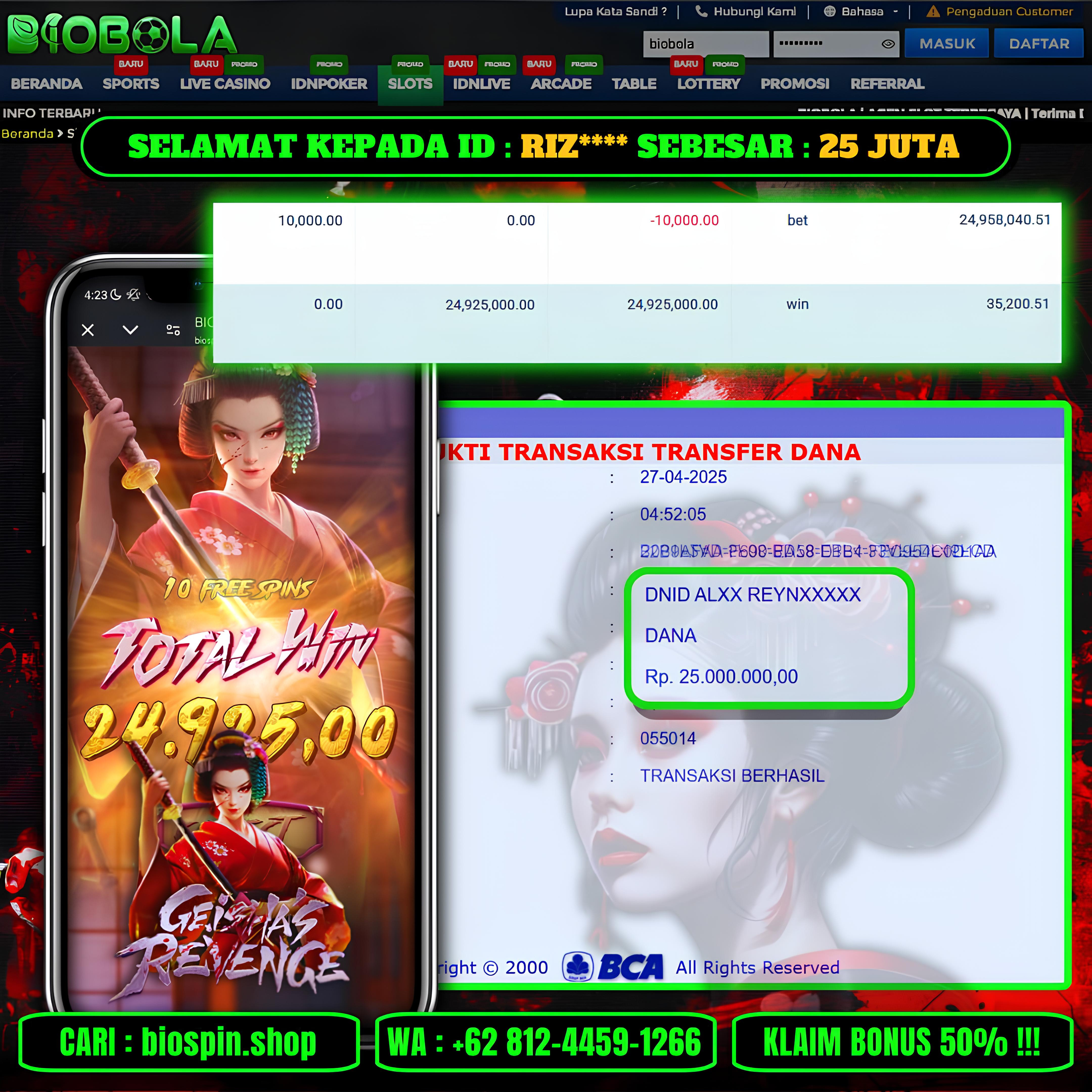 BIOBOLA  - JACKPOT DI GAME GEISHAS REVENGES SEBESAR RP 25JT DIBAYAR LUNAS